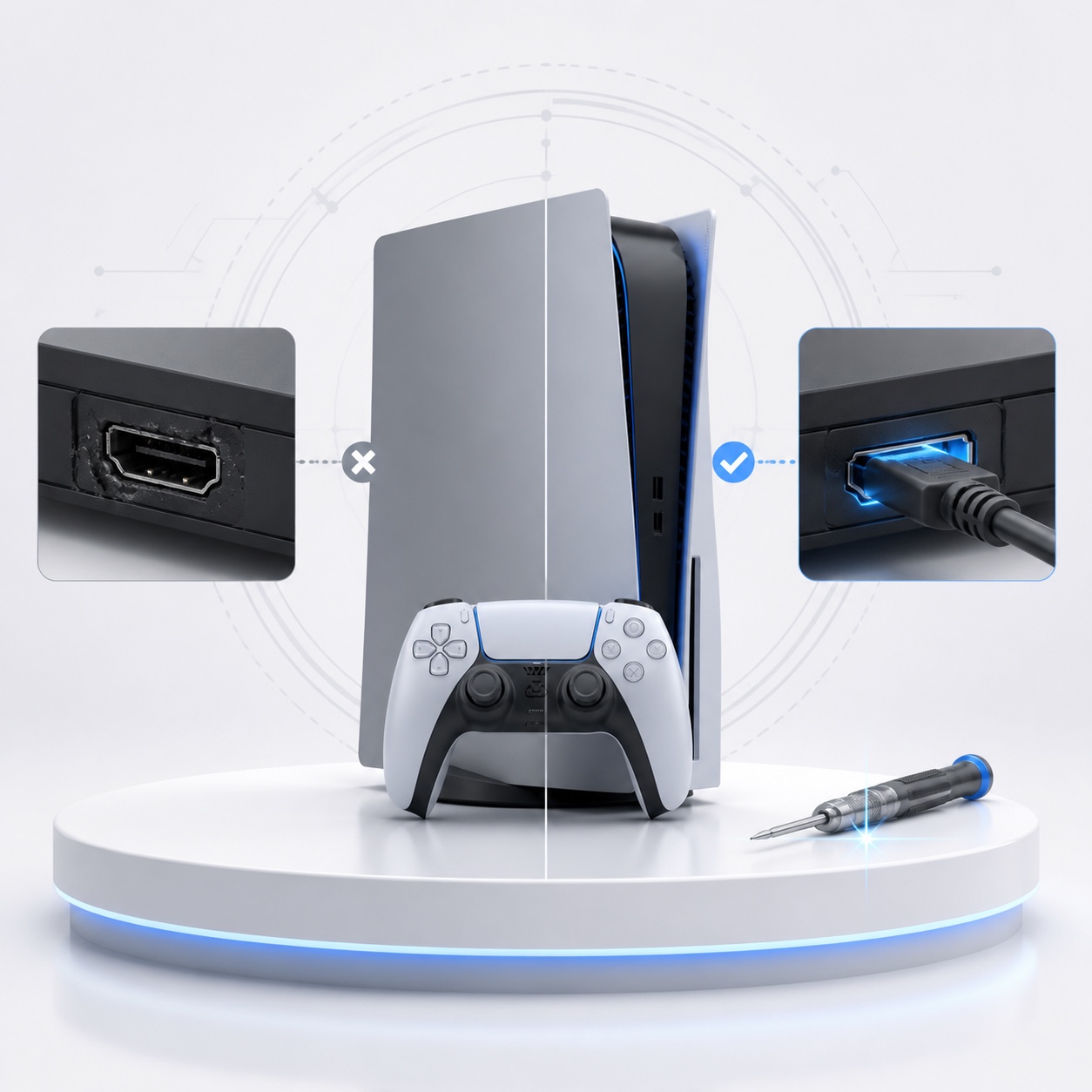 Illustration of game console and HDMI port repair