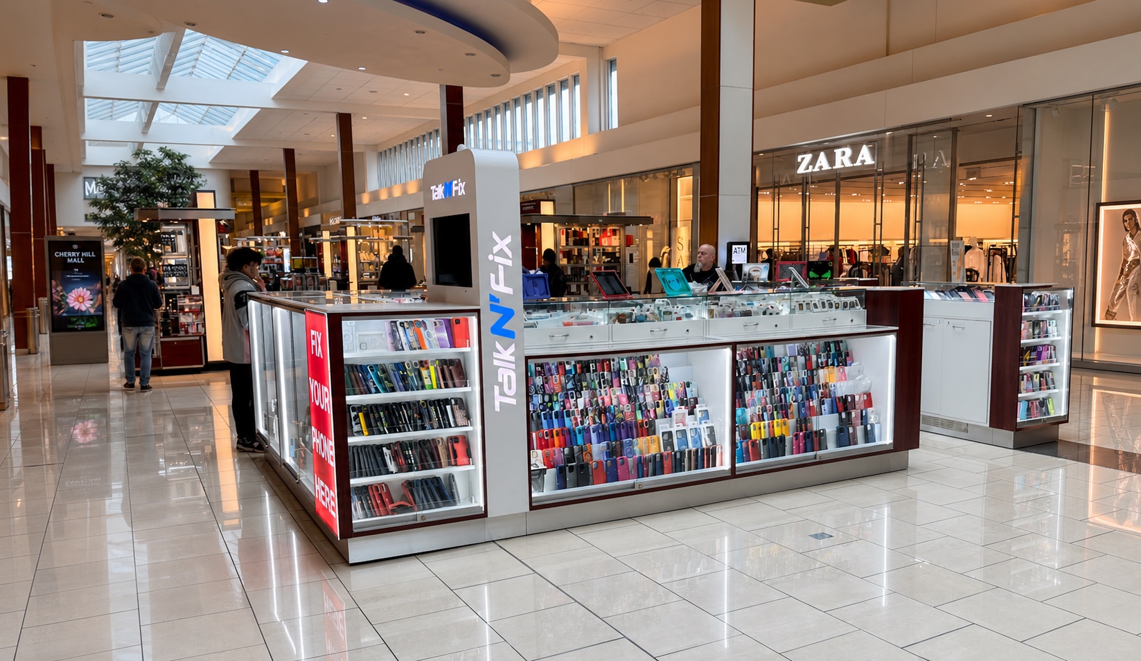 Talk N Fix kiosk inside Cherry Hill Mall near Zara